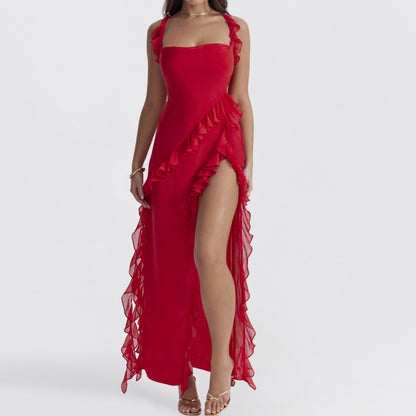 Women's Sexy Ruffle Maxi Dress Square Neck High Slit