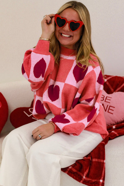Pink Heart Checker Valentine Mock Neck Lantern Sleeve Sweater