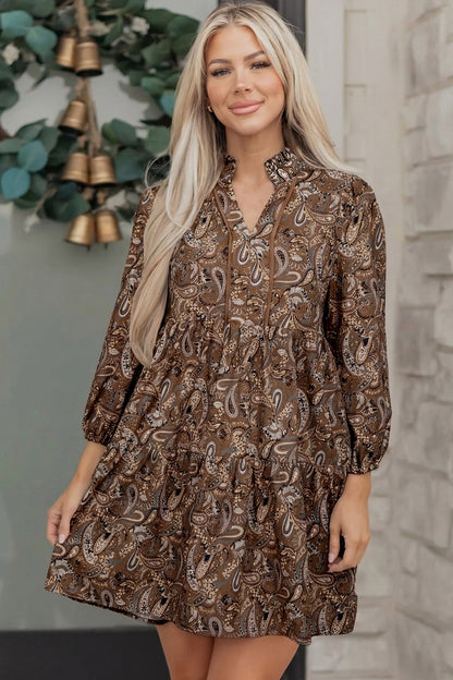 Paisley Print Mini Dress Women Puff Sleeve Casual Dress