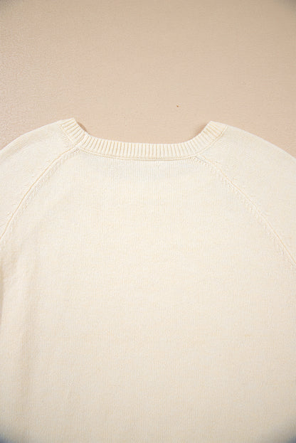 Button Cuff Bishop Sleeve Crew Neck Knit Sweater