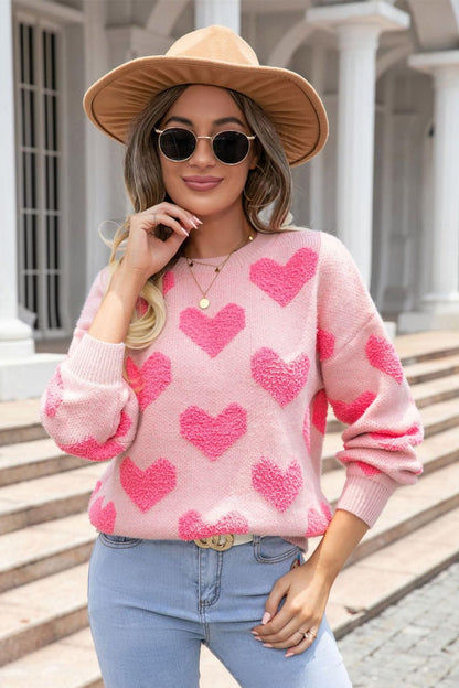 Textured Heart Knit Sweater - Pink Valentine’s Pullover