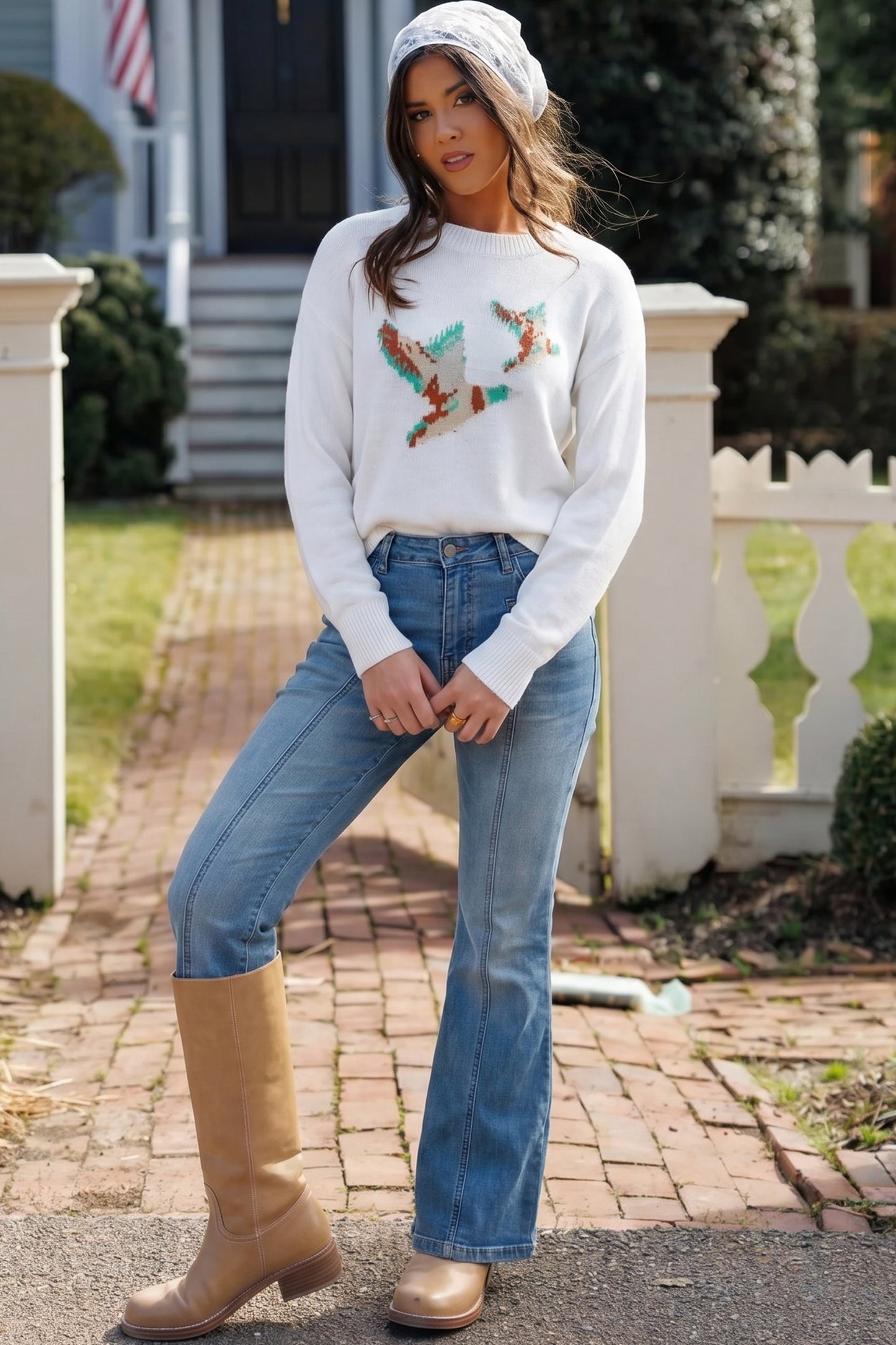 White Bird Pattern Drop Shoulder Knit Pullover Sweater