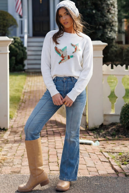 White Bird Pattern Drop Shoulder Knit Pullover Sweater
