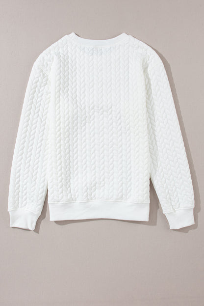 White LUCKY Chenille Embroidered Cable Knit Pullover Sweatshirt