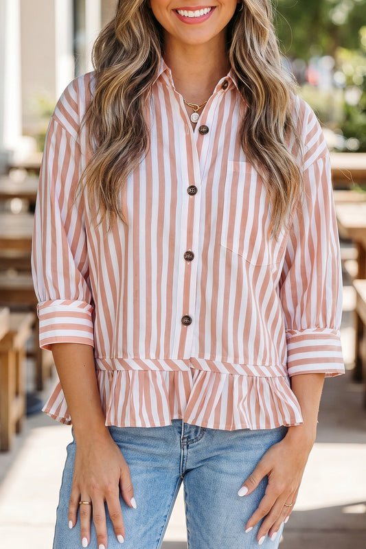 Khaki Stripe Button Front Shirt Ruffle Hem Peplum Top