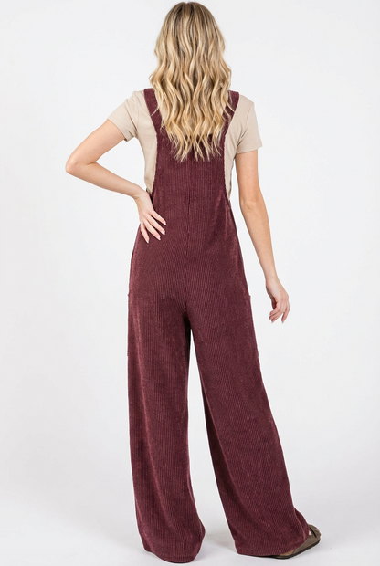 Ribbed Wide Leg Pocket Jumpsuit Sleeveless Overalls