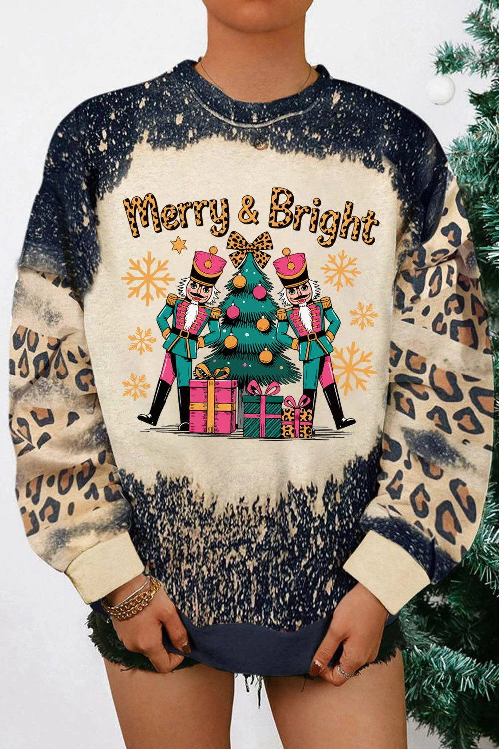 Black Merry&Bright Christmas Printed Leopard Sweatshirt