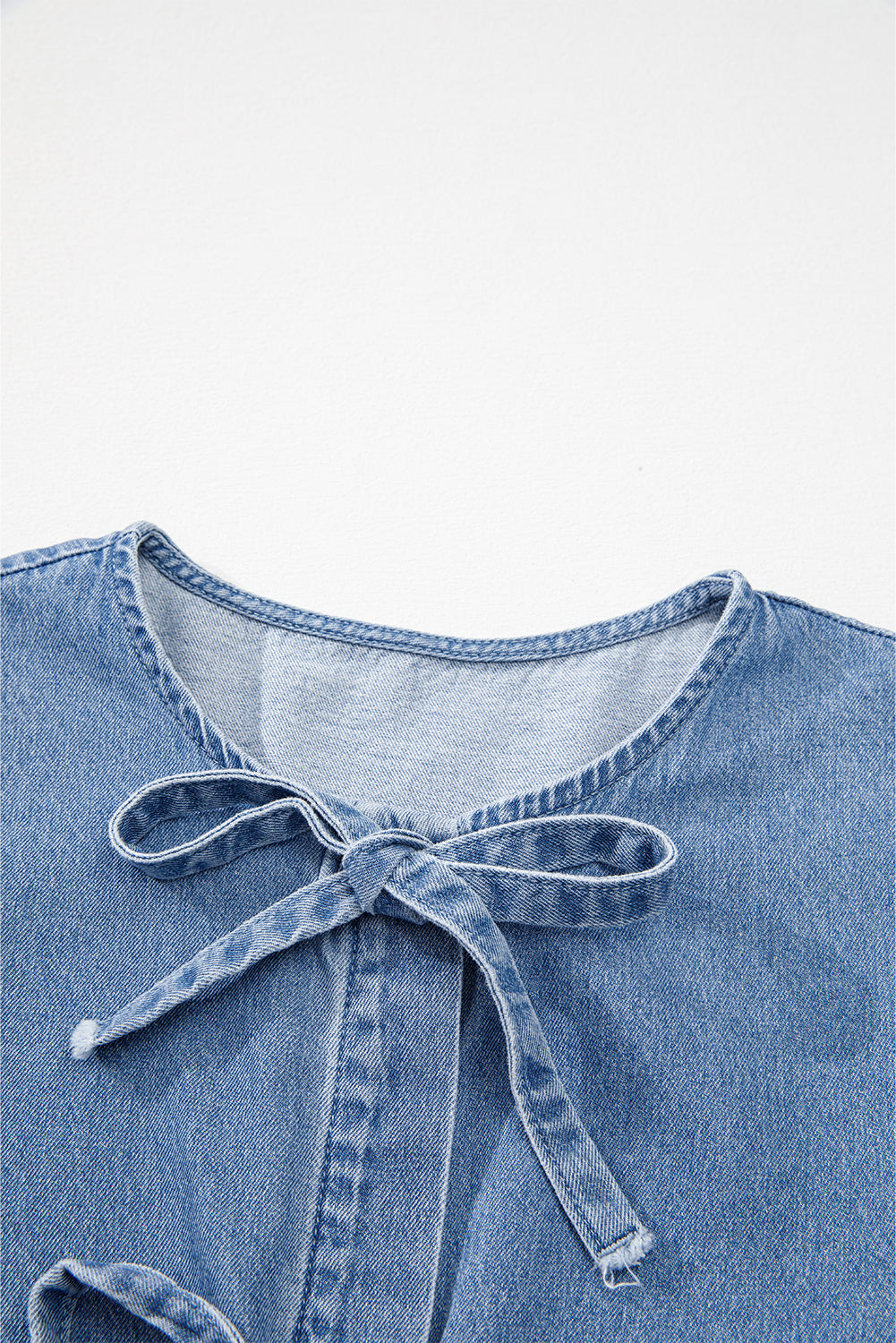 Blue Denim Tie Front Puff Sleeve Peplum Blouse