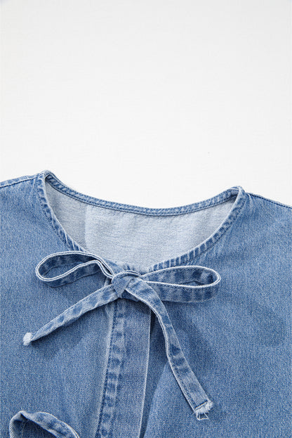 Blue Denim Tie Front Puff Sleeve Peplum Blouse