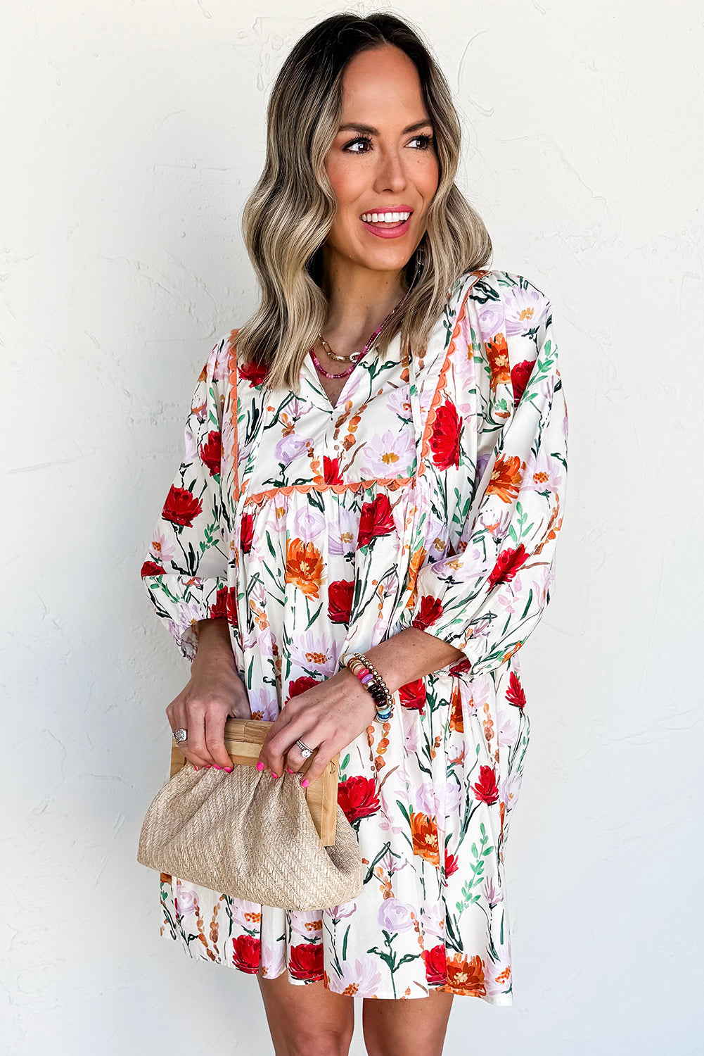 Easter Floral Ricrac Trim Puff Sleeve Mini Dress
