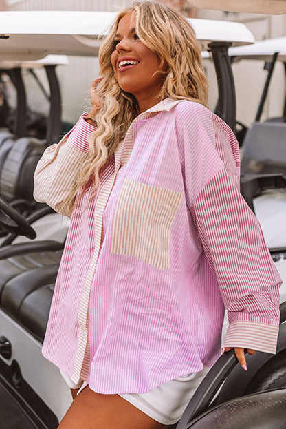 Pink Stripe Print Colorblock Plus Size Shirt