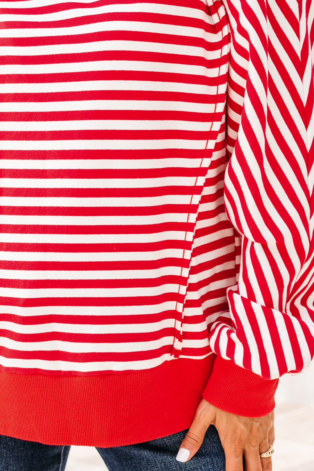 Red Stripe Oversized Pullover Exposed Seam Long Sleeve Top