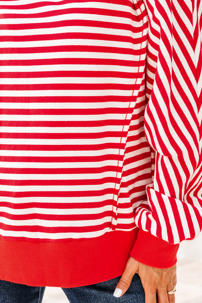 Red Stripe Oversized Pullover Exposed Seam Long Sleeve Top