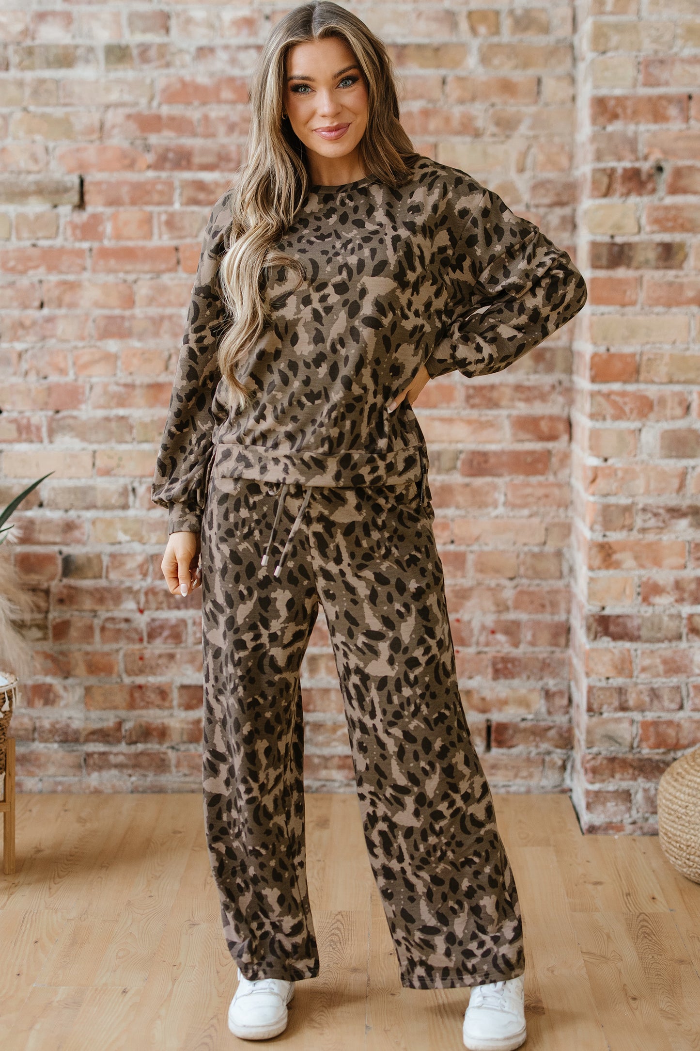 Leopard Print Pullover Two Piece Lounge Set