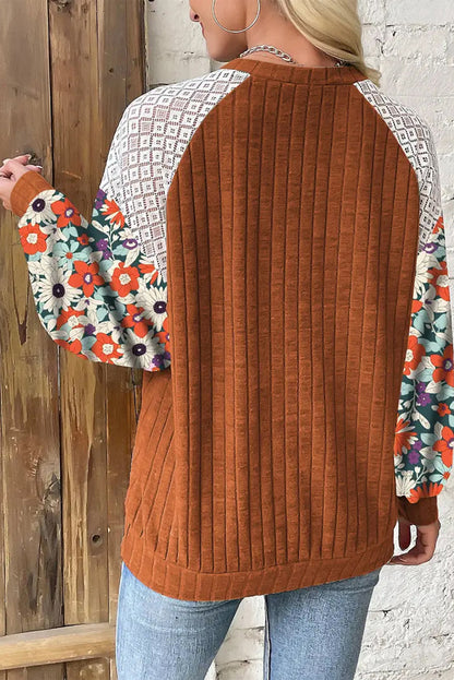 Parchment Floral Patchwork Long Sleeve Ribbed Blouse