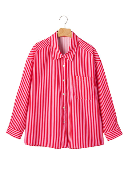 Red Stripe Tie Front Button Up Long Sleeve Casual Shirt