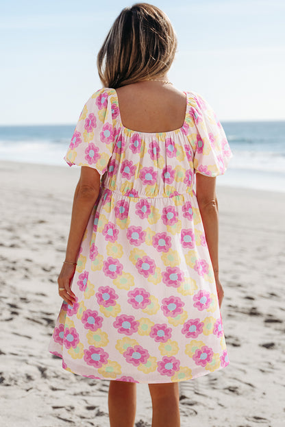 Rose Floral Square Neck Puff Sleeve Babydoll Mini Dress