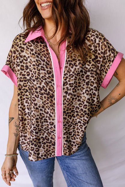 Leopard Print Button Down Shirt Contrast Trim Top