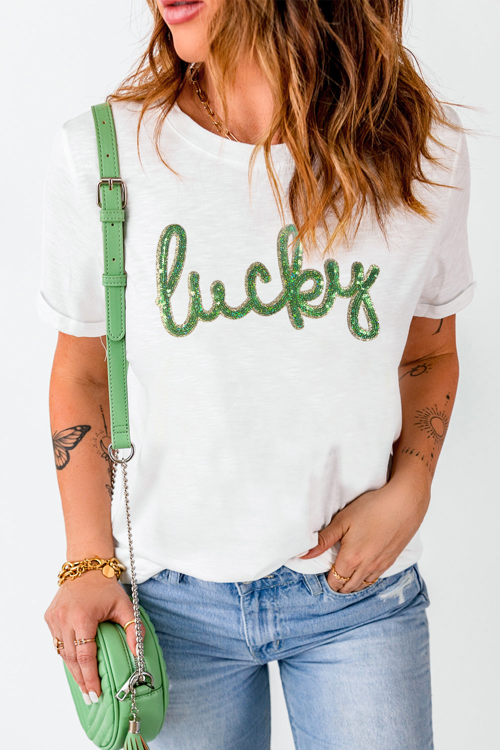 White Sequin Lucky St Patricks Day Glitter Graphic Tee
