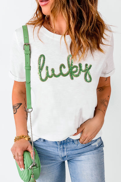 White Sequin Lucky St Patricks Day Glitter Graphic Tee