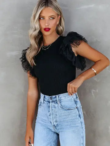 White Polka Dot Mesh Ruffle Sleeve Ribbed Knit Top