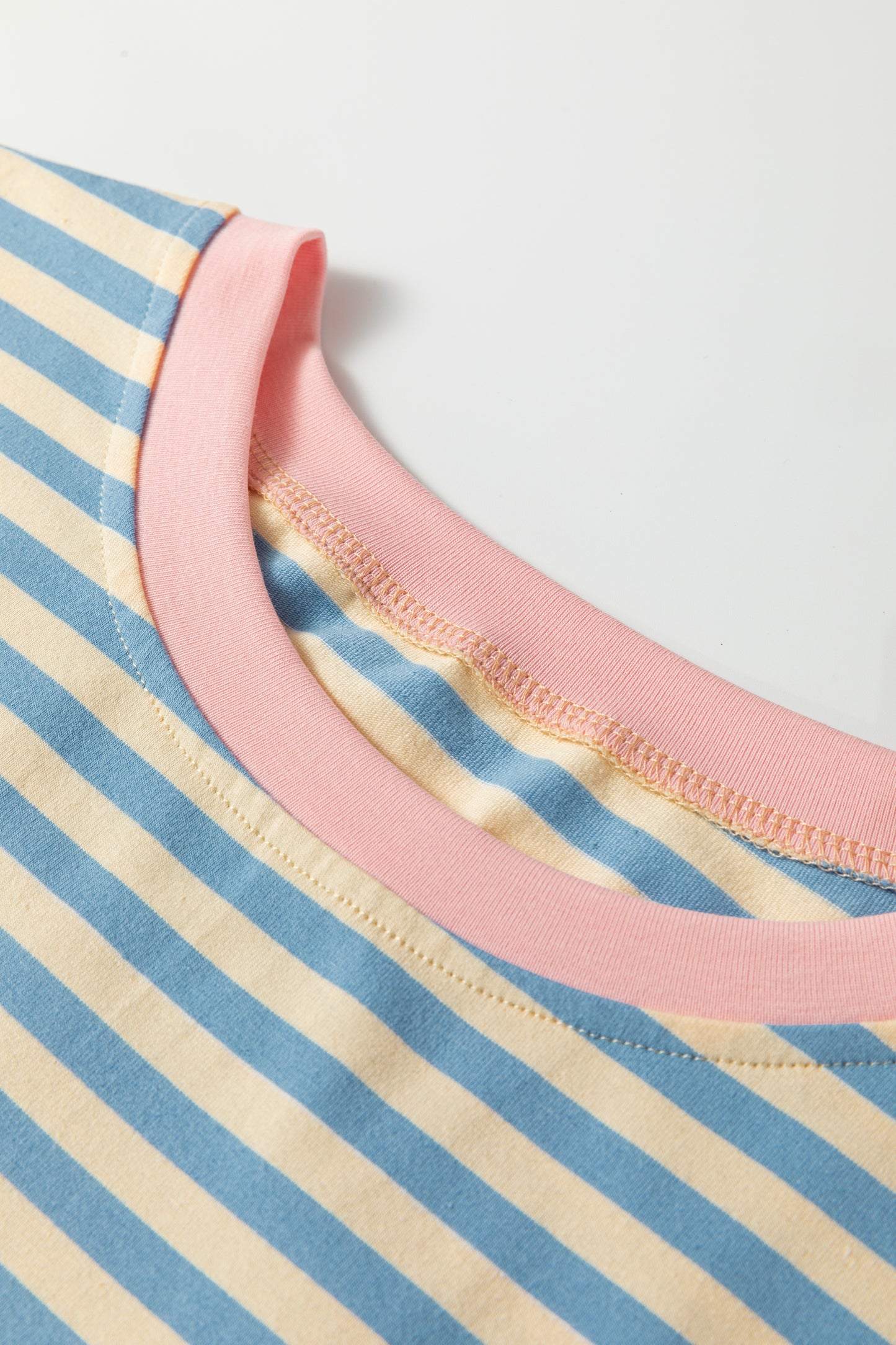Sky Blue Striped Contrast Neck Drop Shoulder Loose Tee