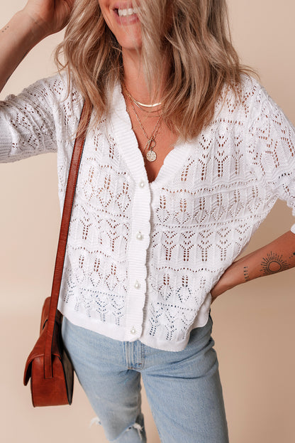 White Frenchy Hollow Out Knitted V Neck Cardigan