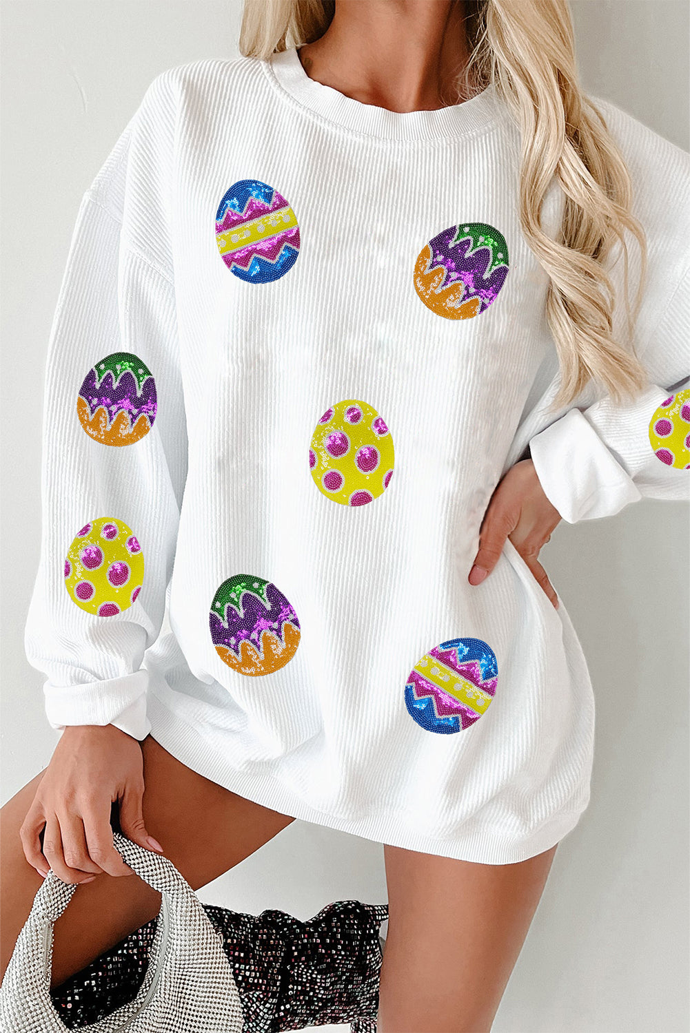 Easter Egg Sequin Corded Oversized Pullover Sweatshirt