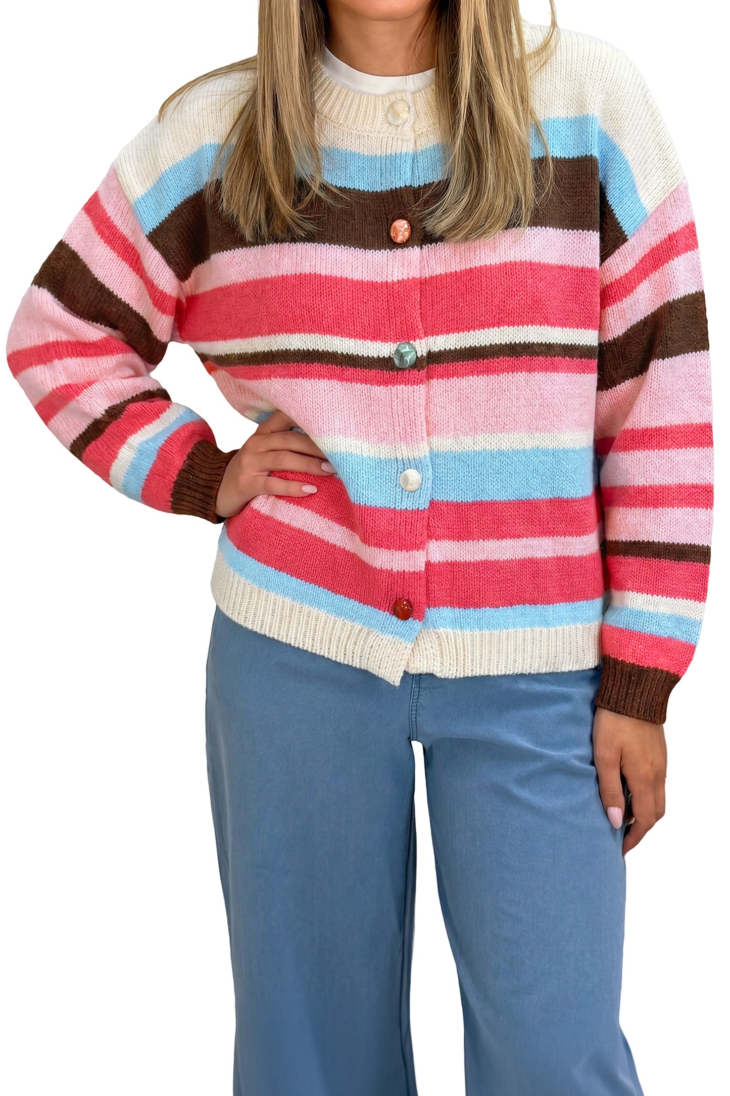 Multicolor Striped Colorblock Drop Shoulder Knit Cardigan