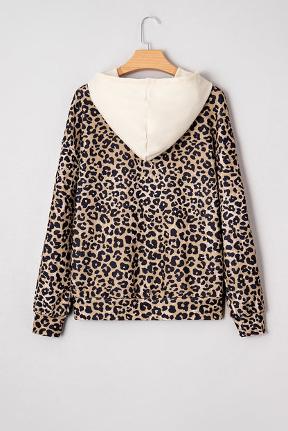 Leopard Print Waffle Knit Contrast Hoodie with Kangaroo Pocket
