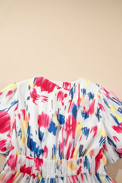 Abstract Print Puff Sleeve V Neck Tiered Maxi Dress