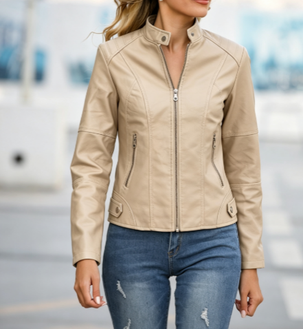 Womens Faux Leather Moto Jacket Zip Up Stand Collar