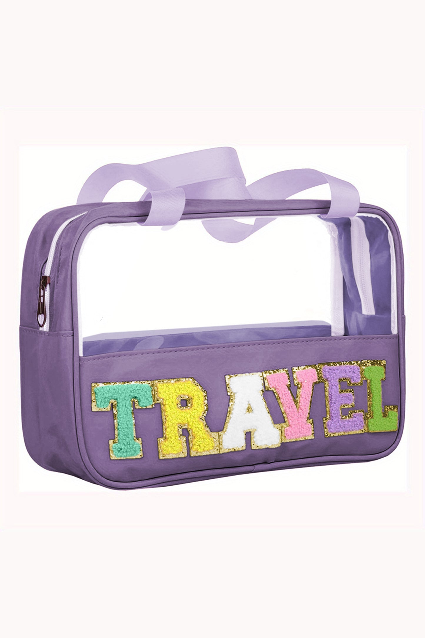 Light Pink TRAVEL Chenille Letter Clear PVC Makeup Bag