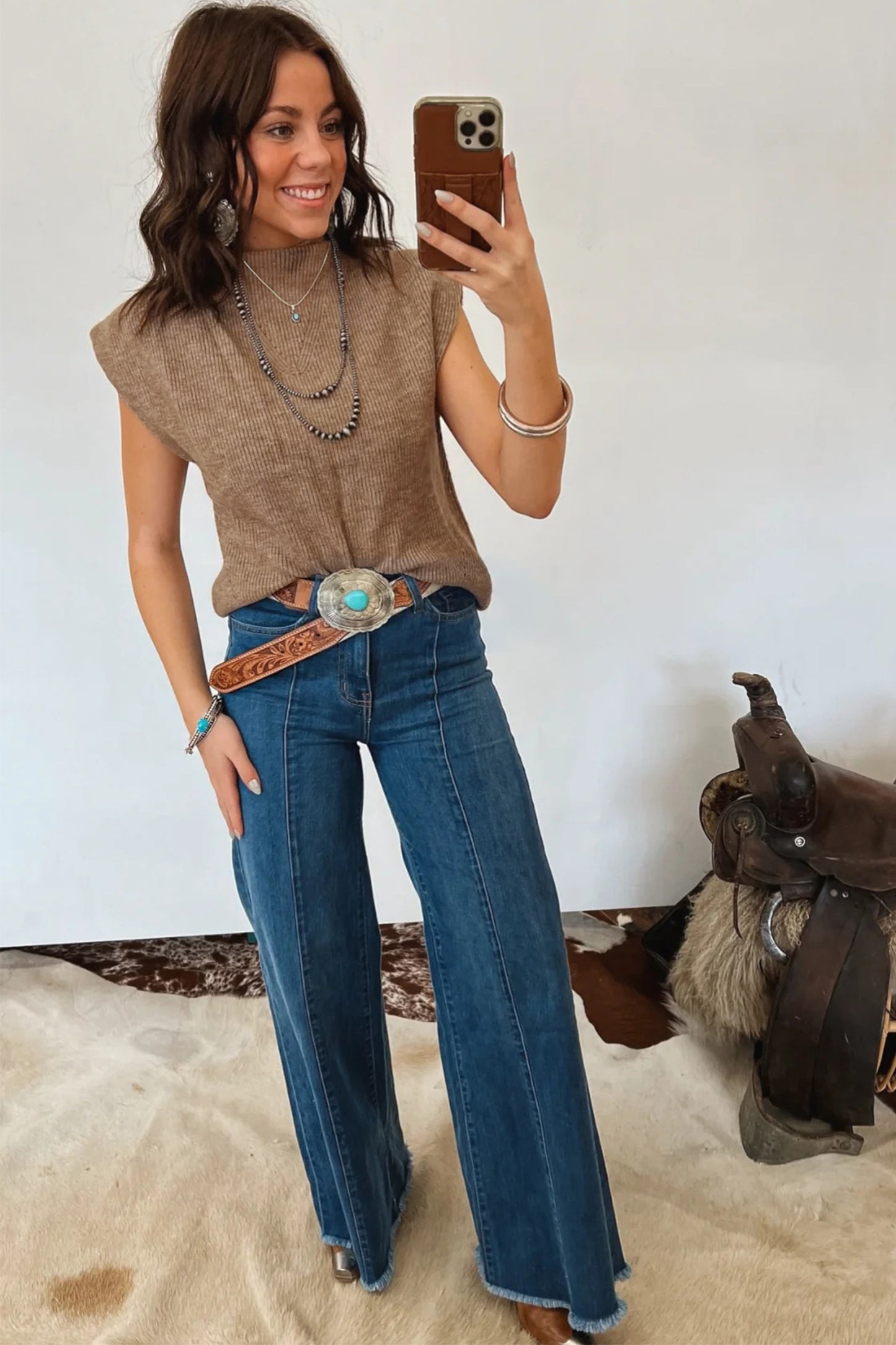 Western Ribbed Knit Mock Neck Sleeveless Sweater Top