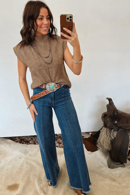 Western Ribbed Knit Mock Neck Sleeveless Sweater Top