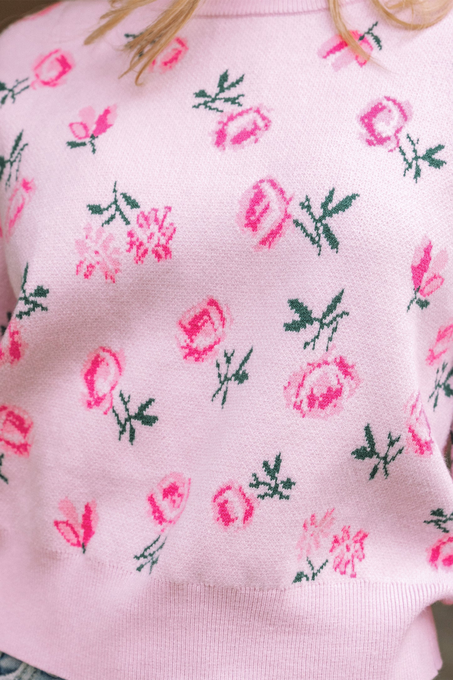 Sweet Floral Print Drop Shoulder Cropped Knit Sweater
