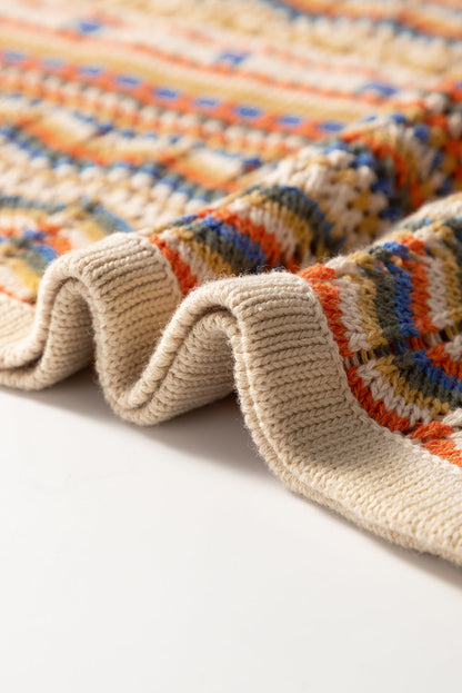 Boho Crochet Knit Sweater Vest with Stripes and Eyelet Detail