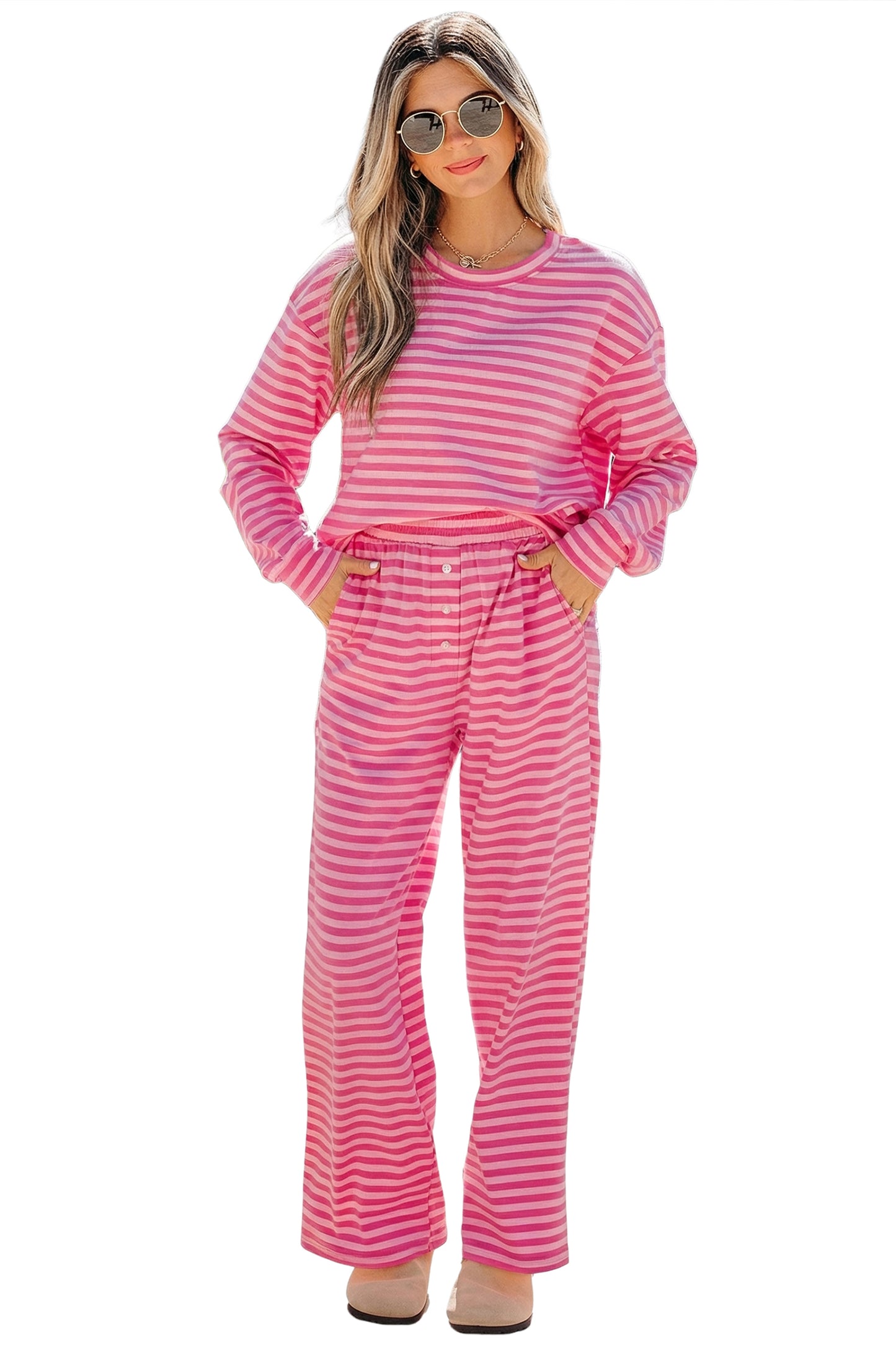 Striped Lounge Set Long Sleeve Top Wide Leg Pants