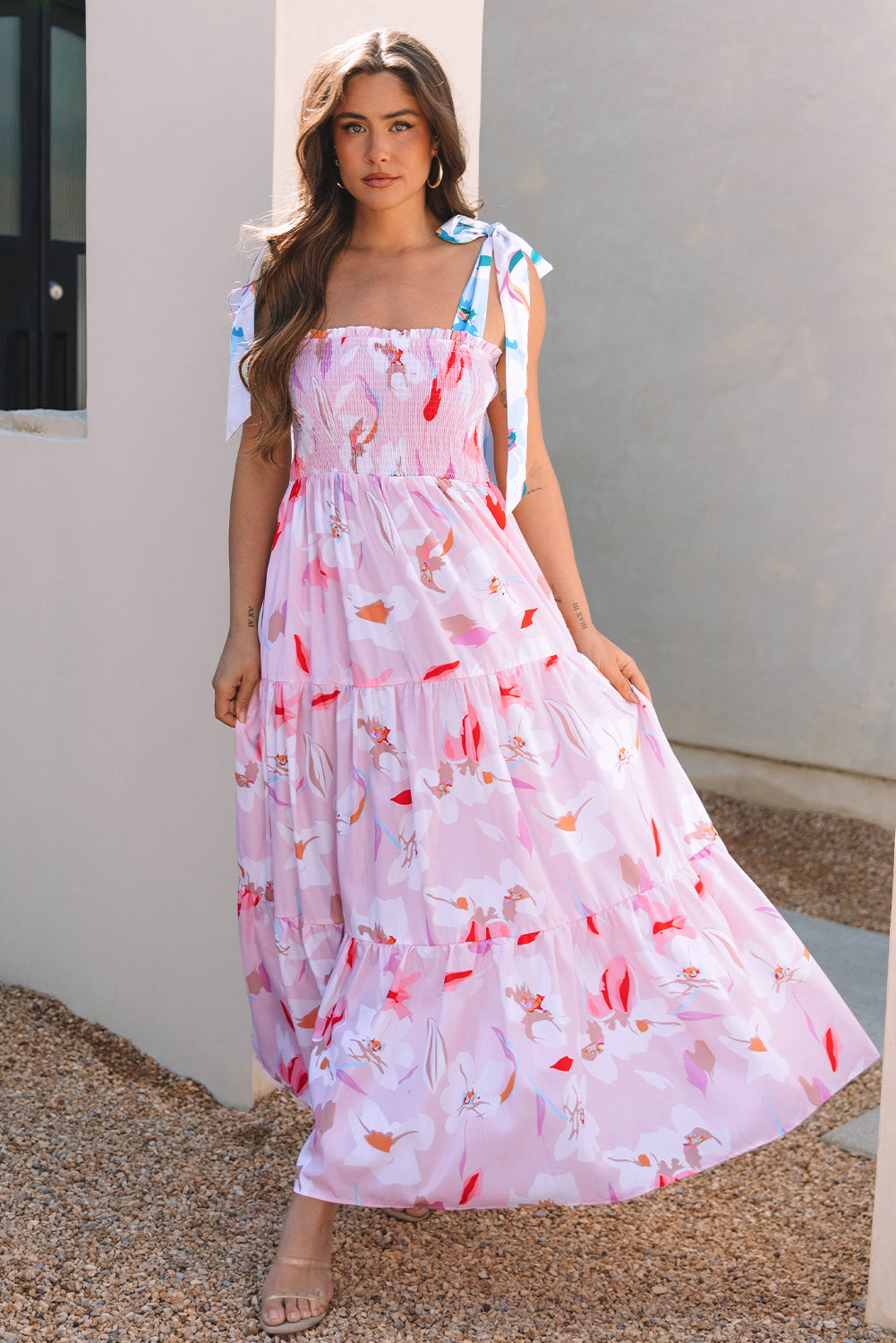 Pink Floral Smocked Maxi Dress Tie Shoulder Flowy