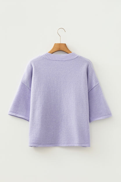 Lavender Boxy 3/4 Sleeve Button Down Knit Cardigan