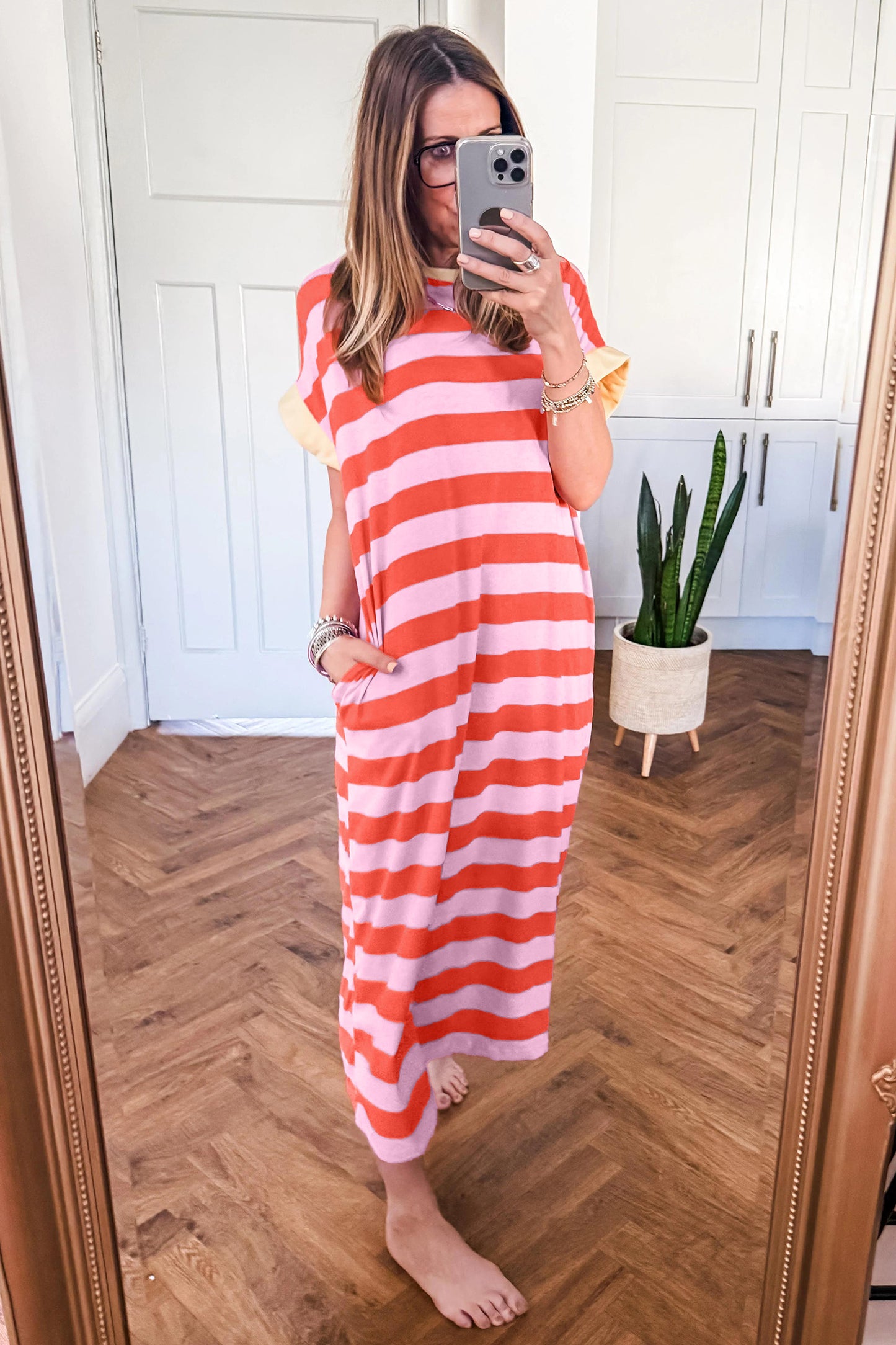 Orange Stripe Cuffed Short Sleeve Pocketed Casual T Shirt Long Dress