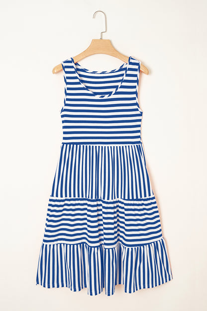 Black White Stripe U-Neck Sleeveless Loose Mini Dress