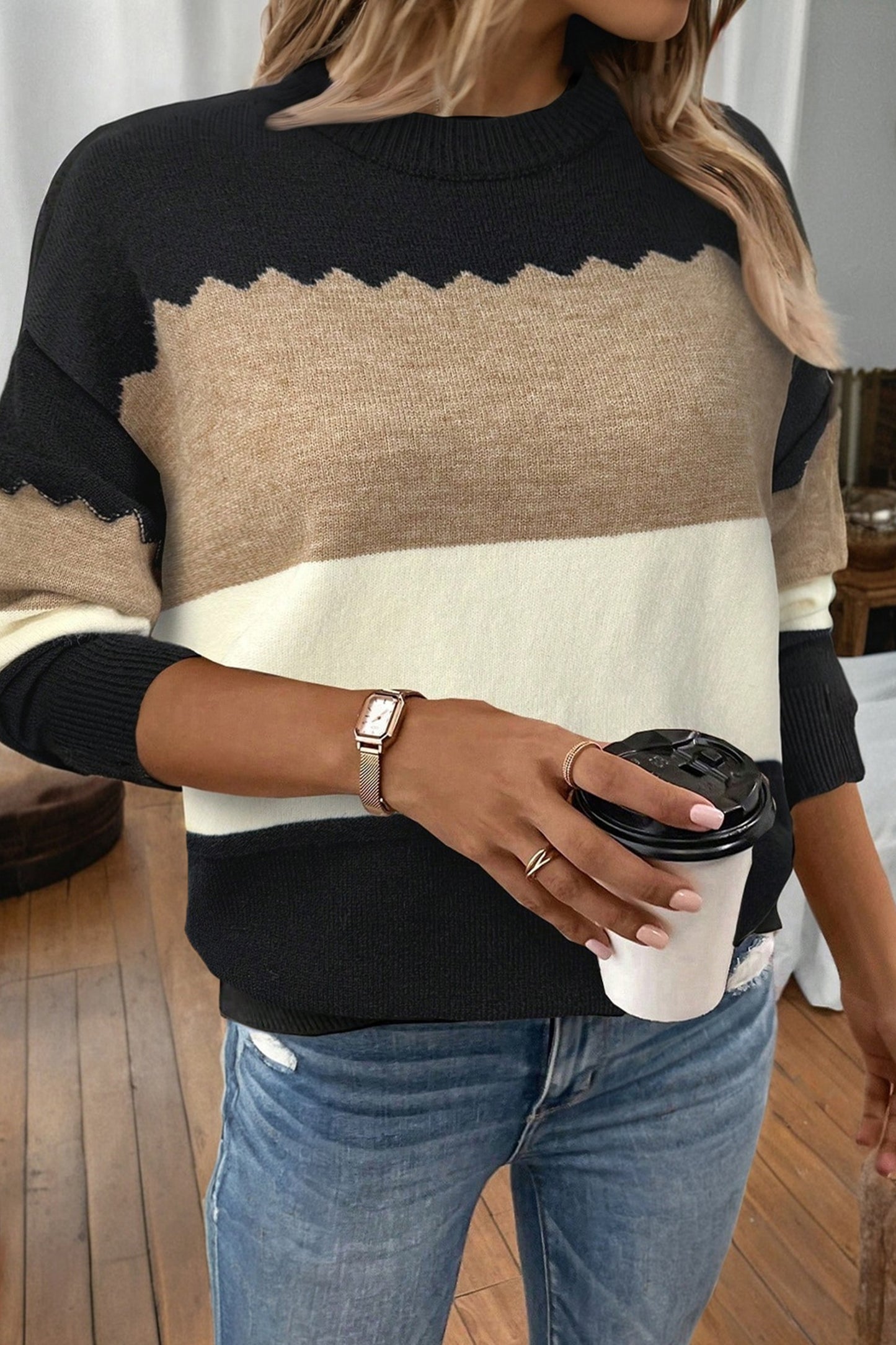 Black Beige Brown Colorblock Drop Shoulder Knit Sweater