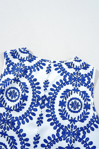 Blue White Vintage Print Pintuck Sleeveless Tank Top