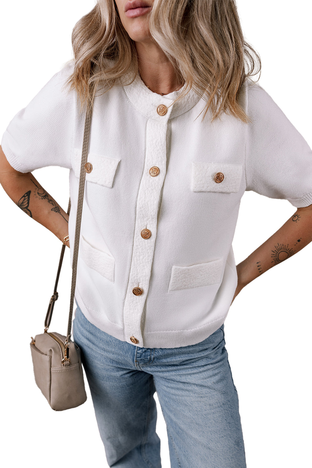 White Gold Buttons Textured Sweater T Shirt