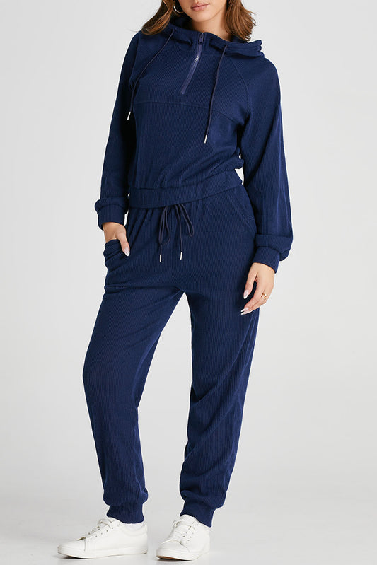 Navy Blue Ribbed Knit Cropped Hoodie and Drawstring Joggers Set