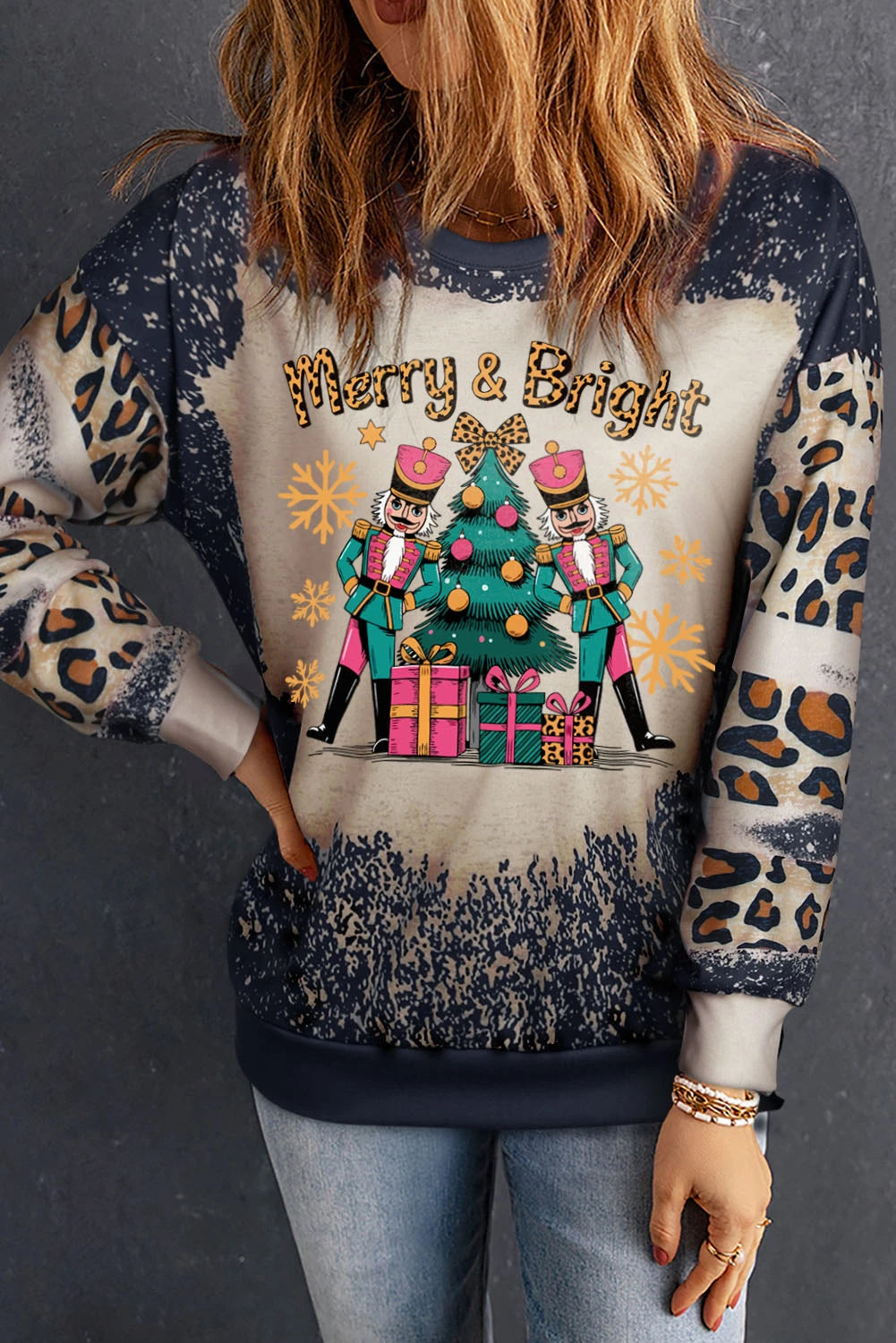 Black Merry&Bright Christmas Printed Leopard Sweatshirt