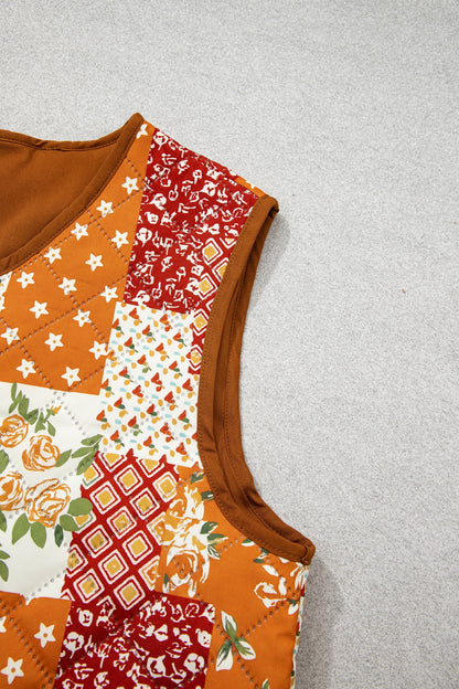 Golden Fleece Quilted Floral Patchwork Contrast Trim V Neck Button Vest