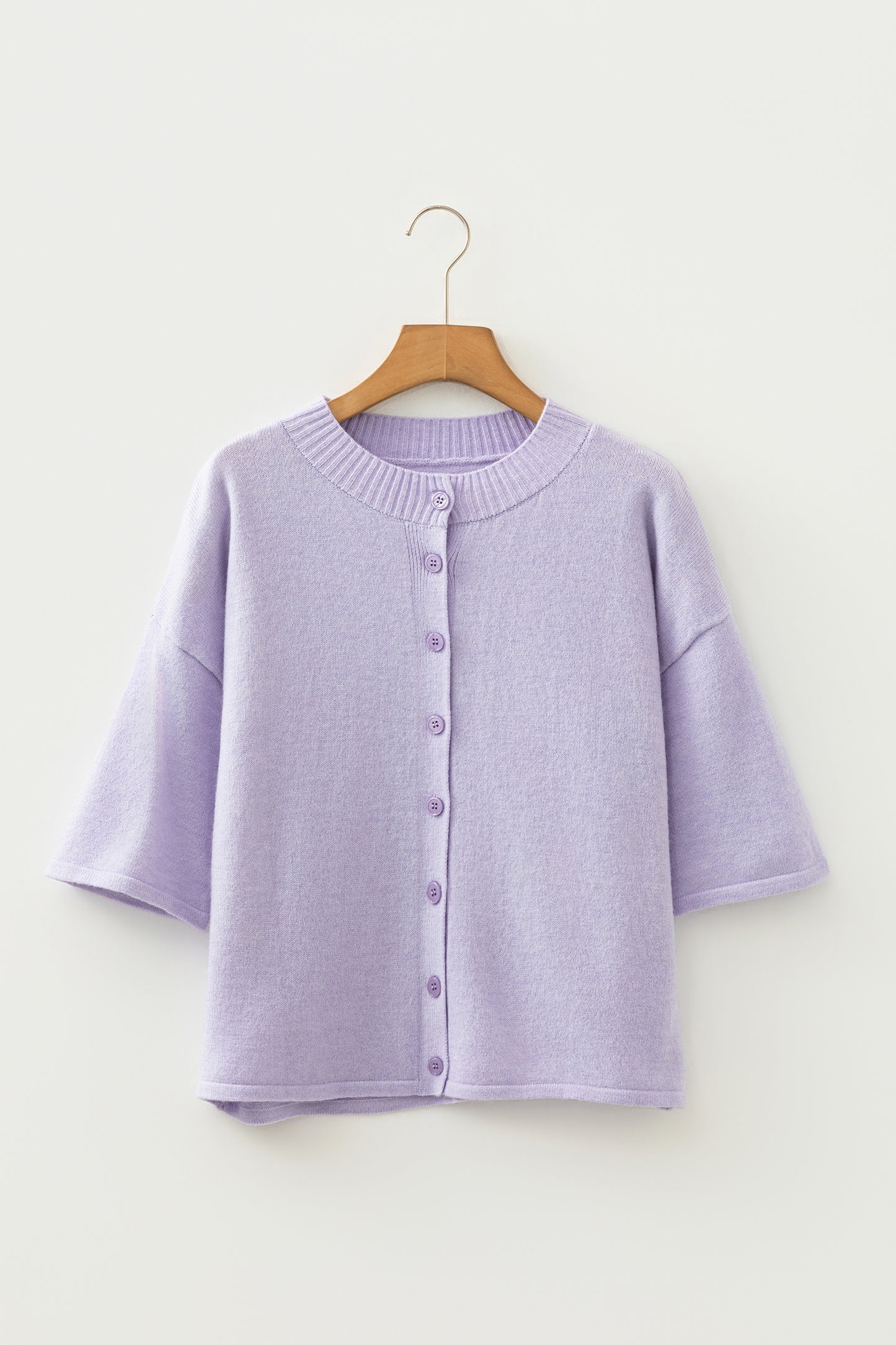 Lavender Boxy 3/4 Sleeve Button Down Knit Cardigan