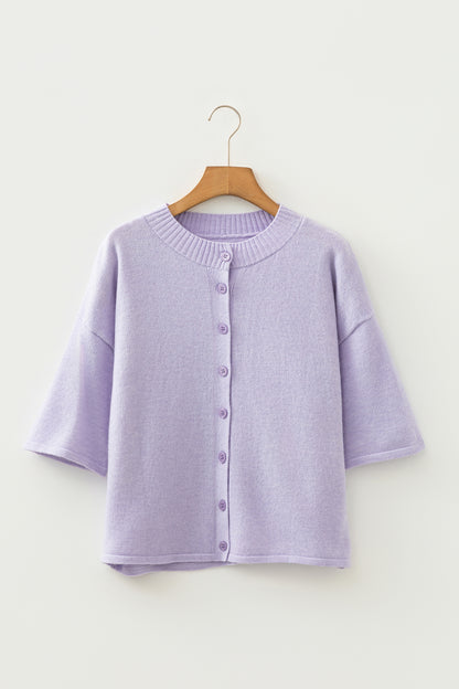 Lavender Boxy 3/4 Sleeve Button Down Knit Cardigan